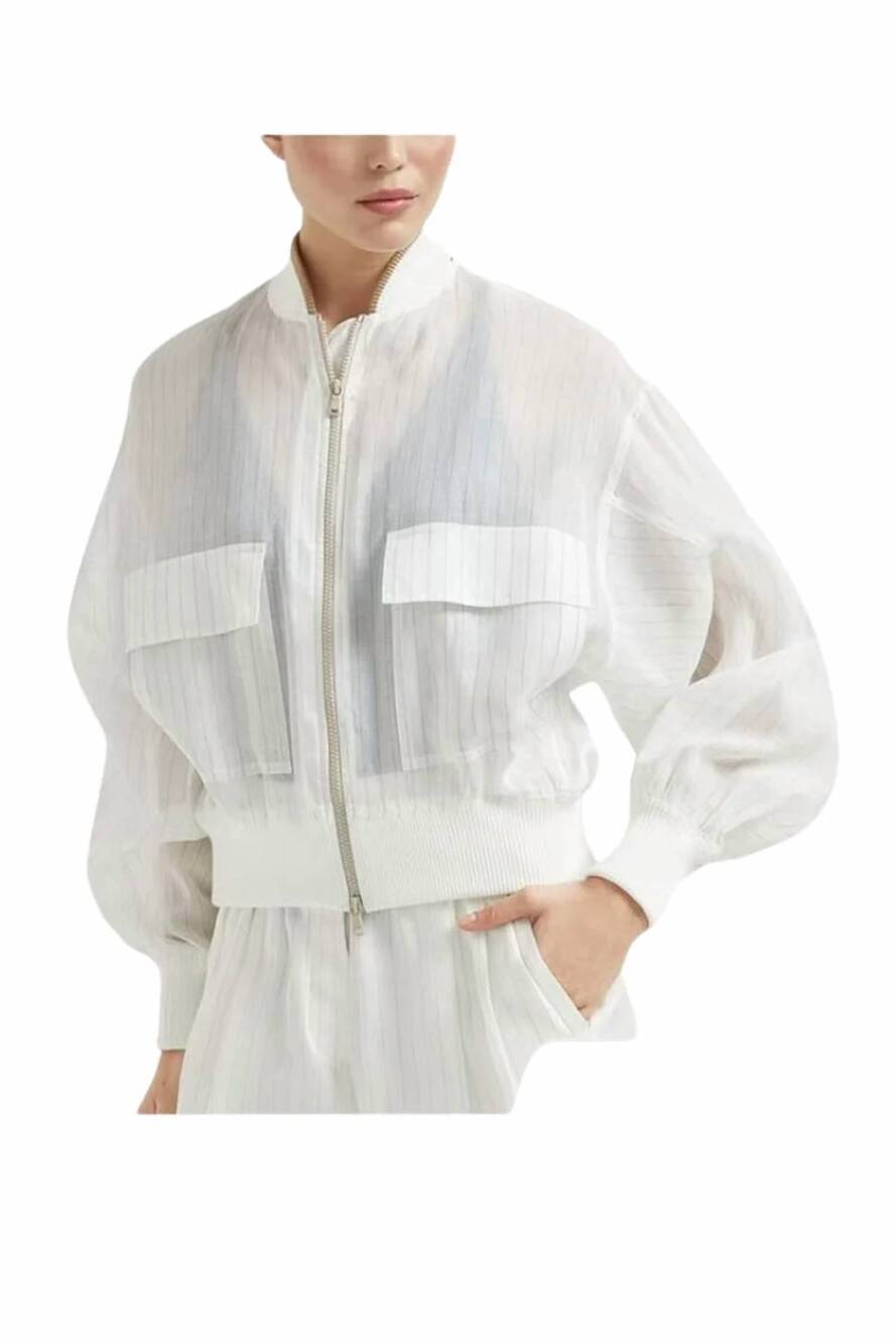NEW BRUNELLO CUCINELLI cotton organza pinstripe bomber jacket in white
